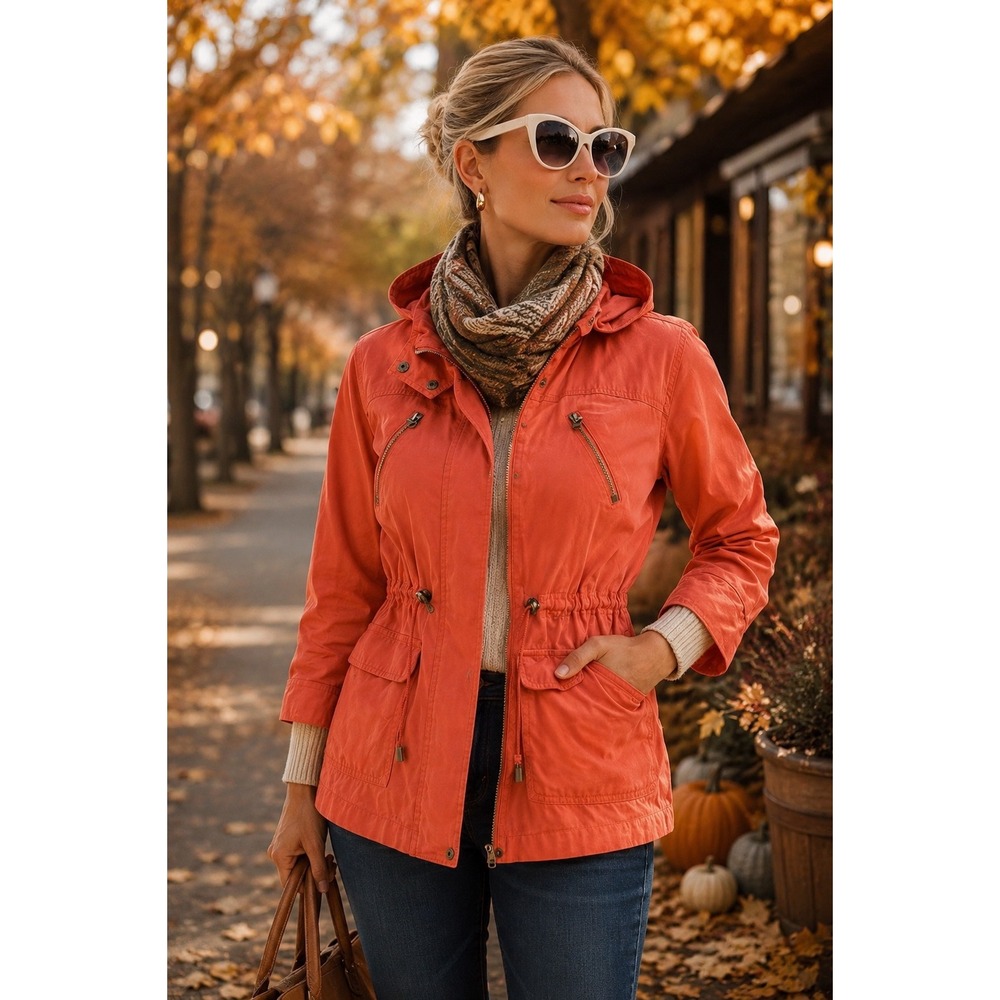 Chic Coastal Utility Hooded Jacket Coral Fall Transitional Lightweight Coat Sz M
